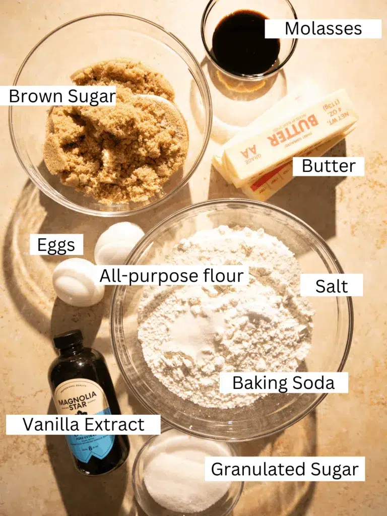 Overhead shot of cookie ingredients including brown sugar, flour, butter, molasses, eggs, vanilla, and sugars.
