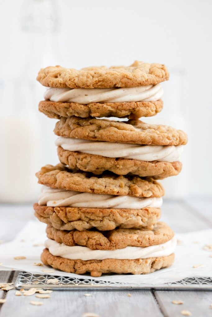 stacked sandwich cookies on a cooling rack
