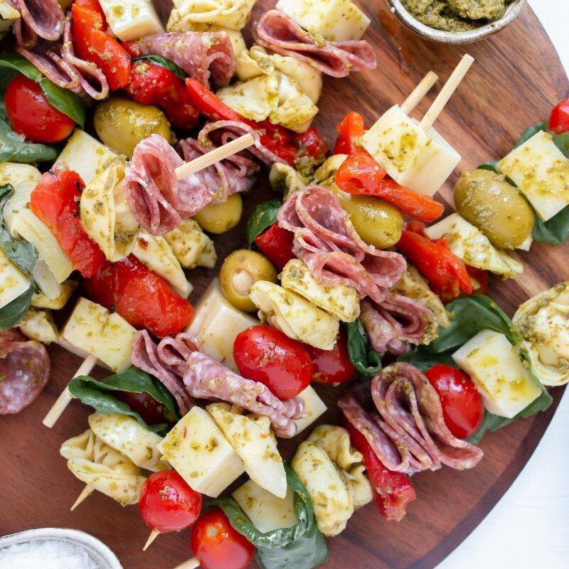 Antipasto Skewers with Cheese Tortellini and Pesto - The Hearty Life