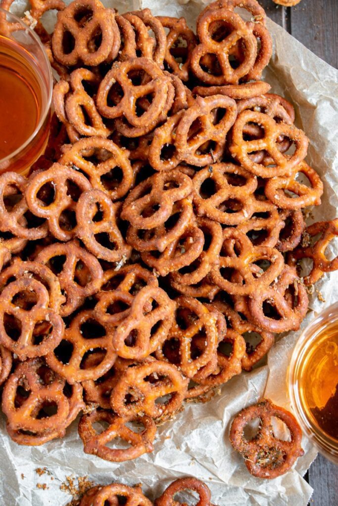 bowl of pretzels  with a glass of beer