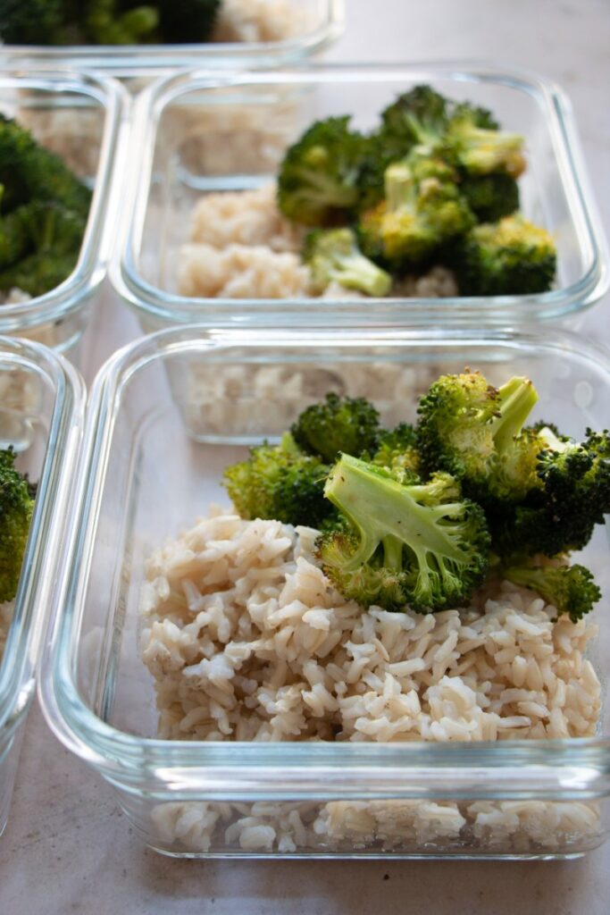 steamed brown rice and roasted broccoli 