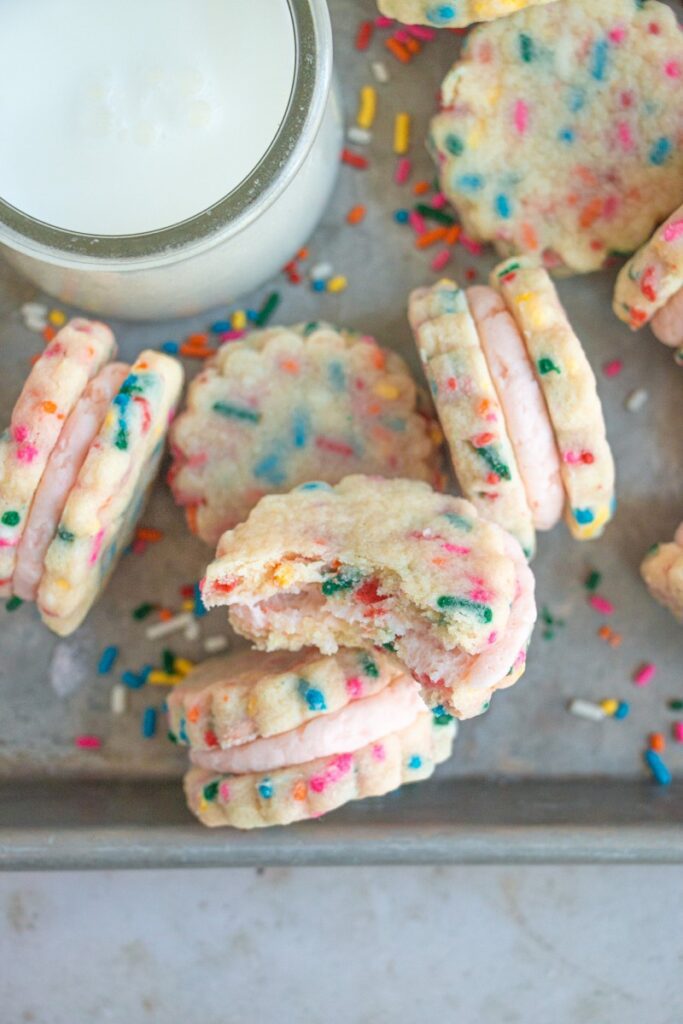 funfetti shortbread cookie with bite taken out