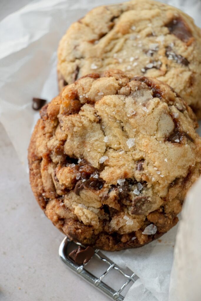 up close of a toffee cookie with sea salt 