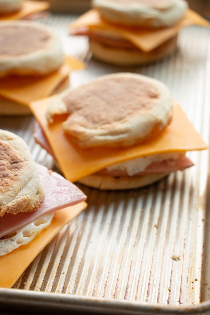 freezer breakfast sandwiches on a sheet pan 