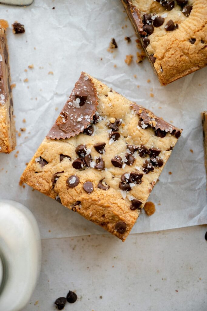 chocolate peanut butter blondie with chocolate chips and sea salt