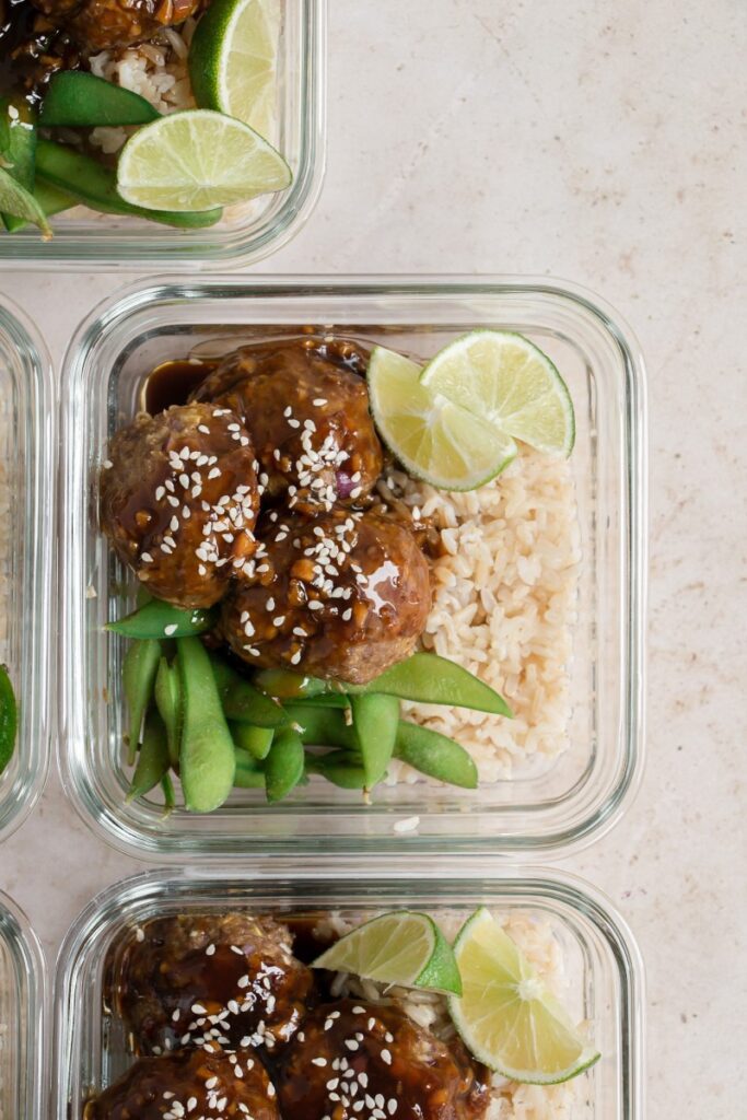 meatball bowls with sauce and steamed edamame 