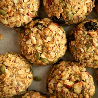 scoops of breakfast cookies with seeds and dried fruits