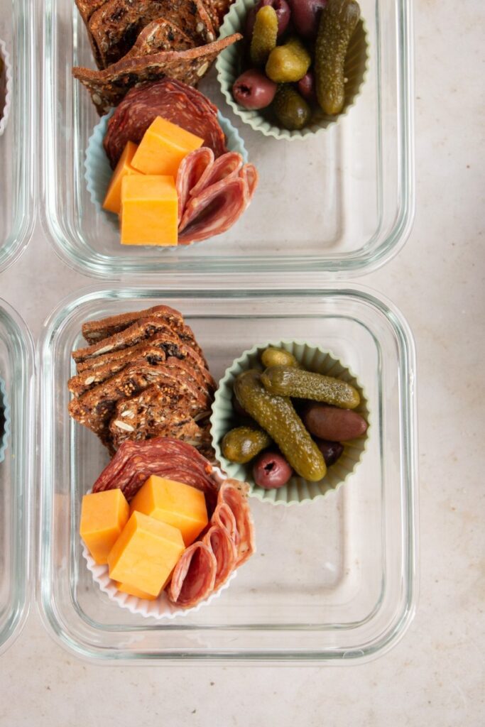 Meal Prep Meat & Cheese Bistro Bowls with pickles and olives