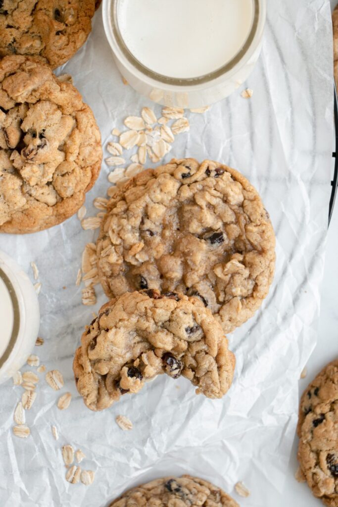 Easy Soft & Chewy Oatmeal Raisin Cookie with a bite taken out