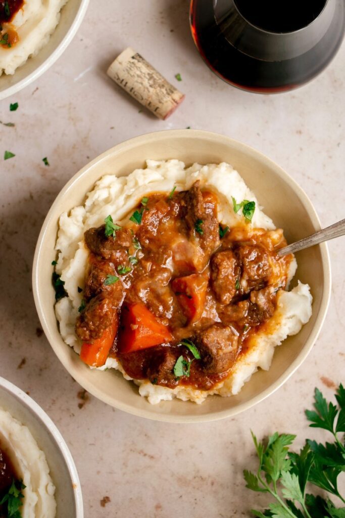 Red Wine Braised Beef Tips with Garlic Mash