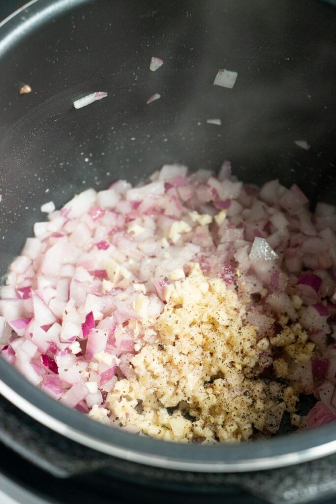 red onion and garlic sautéing 