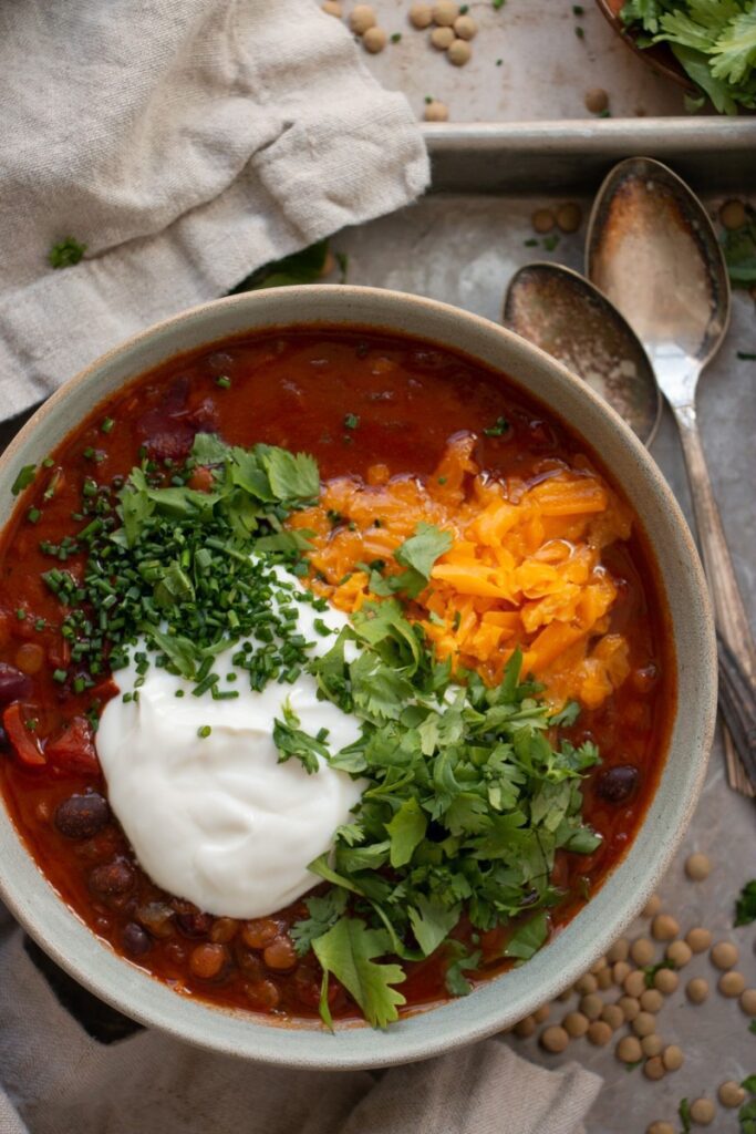 bowl of loaded lentil chili