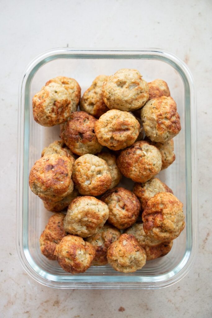 chicken meatballs in a glass container 