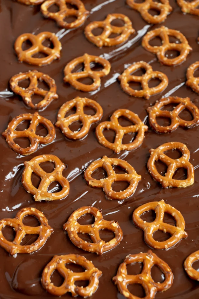 melted dark chocolate with mini pretzel twists 