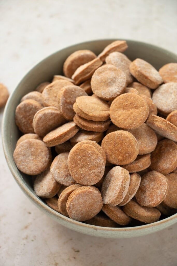 Peanut butter dog treats in a bowl