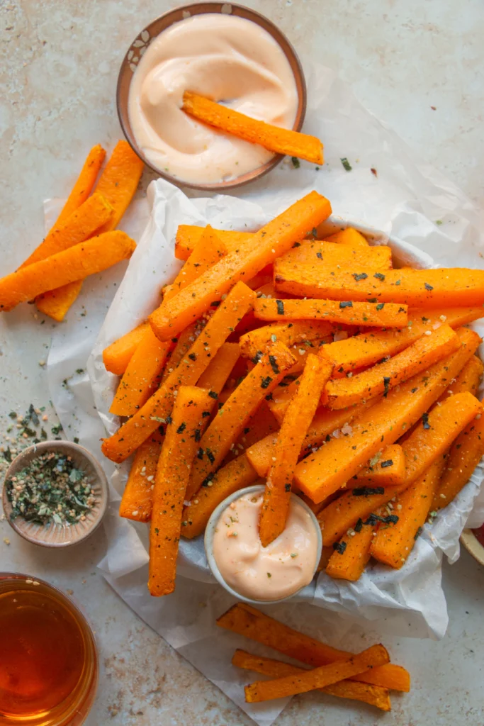 basket of air fryer butternut squash fries with dip