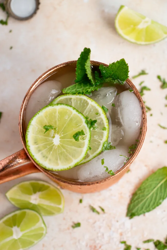 gin mule topped with fresh lime and mint 
