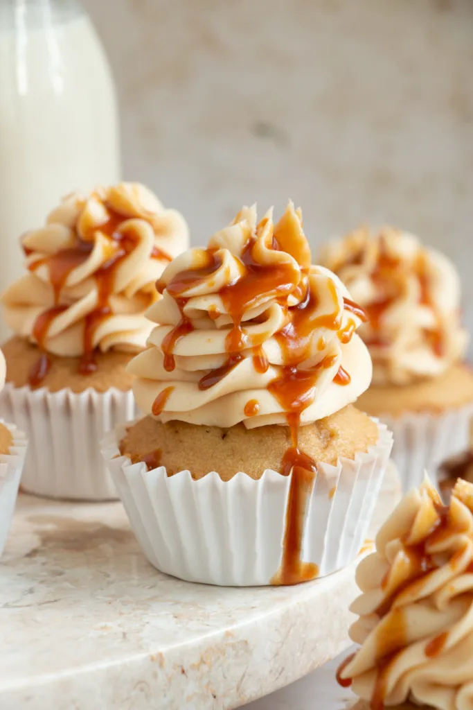 caramel cupcakes on a marble platter