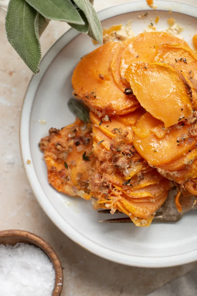 plate of easy one-pan scalloped sweet potatoes 