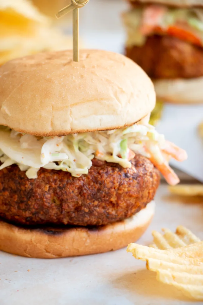 air fryer chicken patty on a toasted bun with slaw