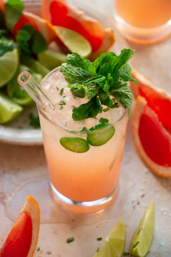 frosty cocktail glass with a fresh jalapeno paloma