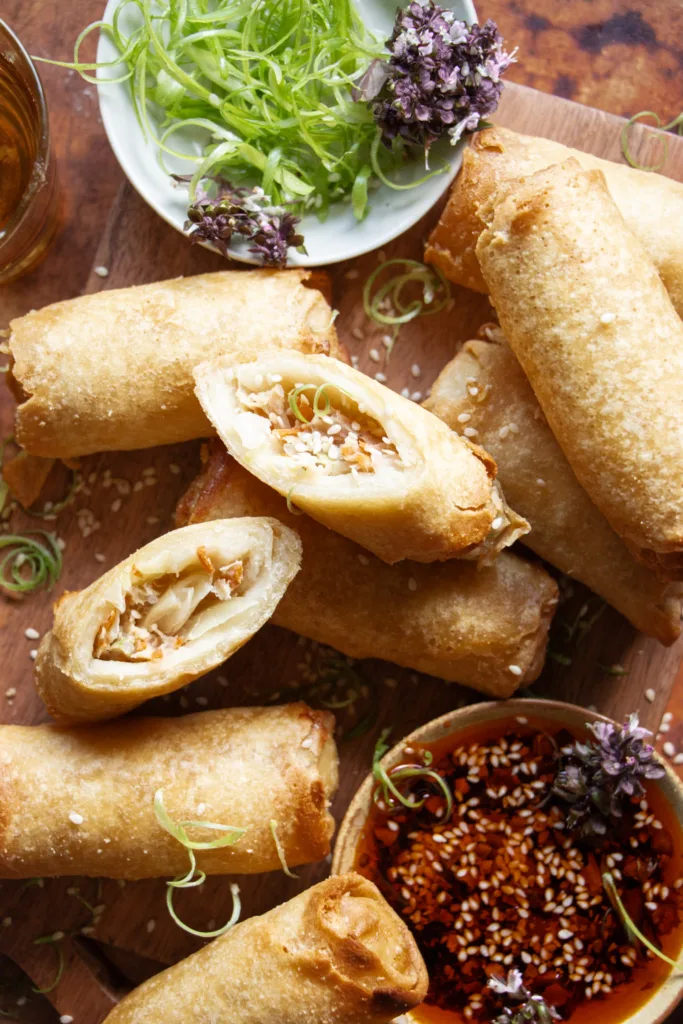 spring rolls trayed for serving 