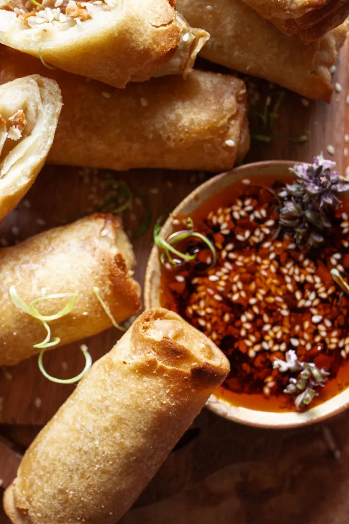 spring rolls with chili crunch sauce