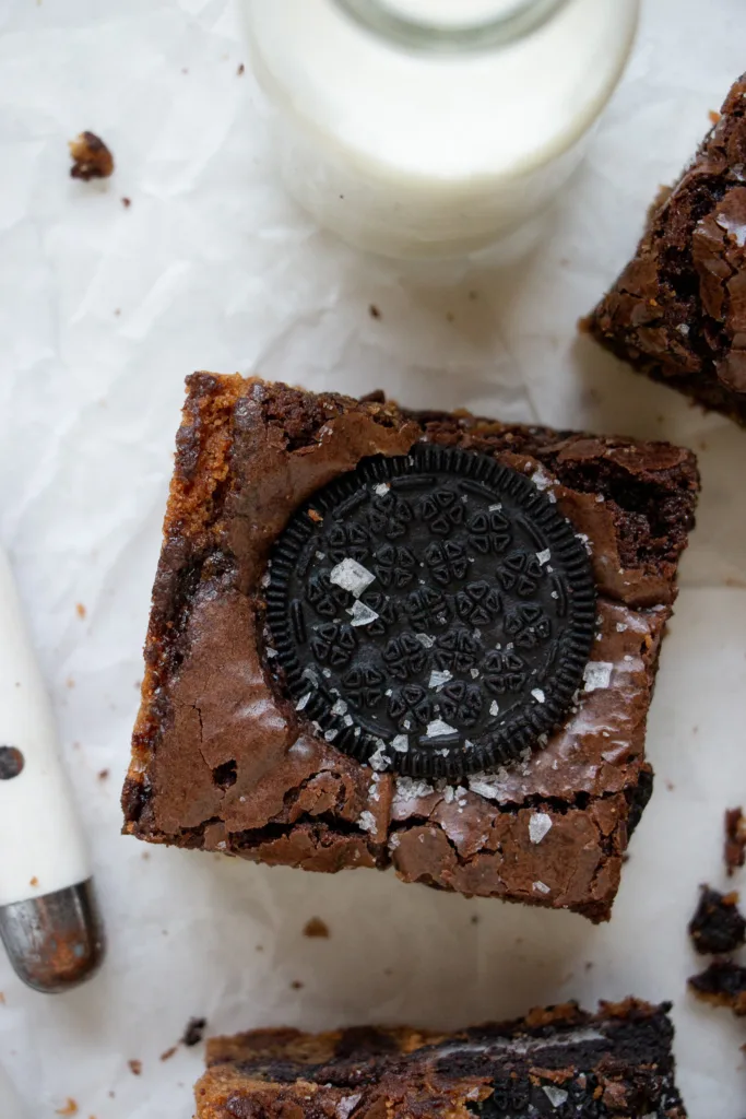 square of brownie with Oreo on top