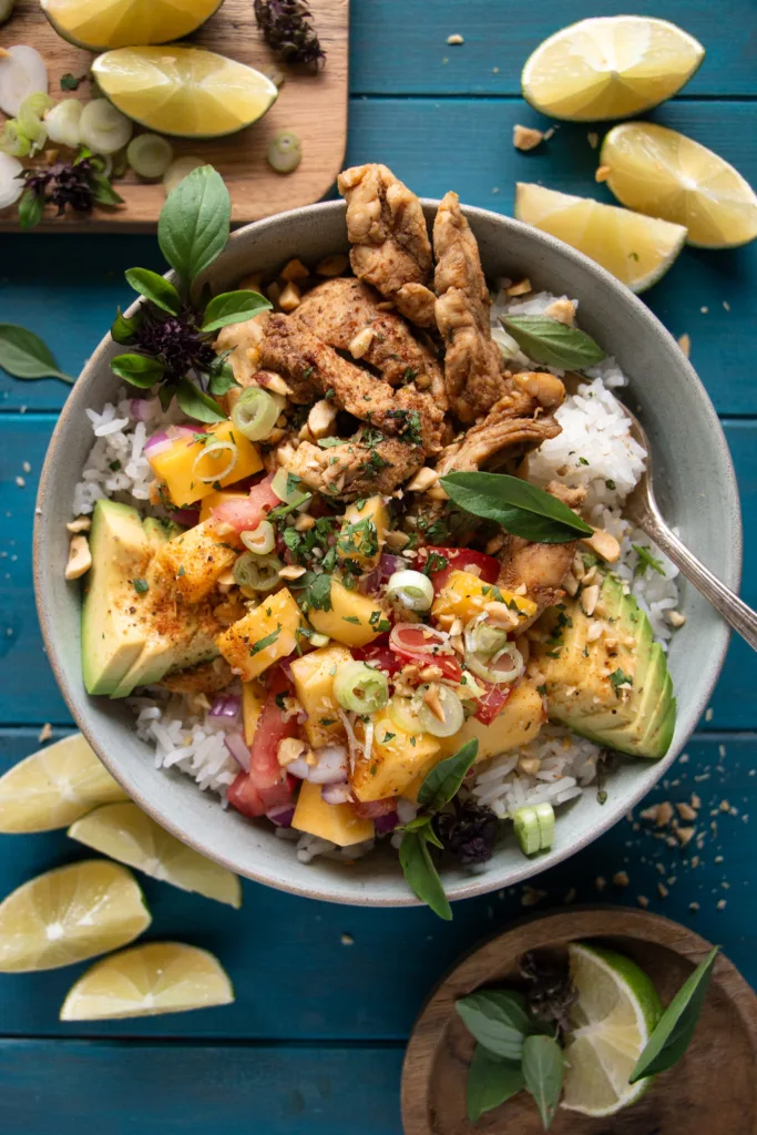 rice bowl with fresh avocado and lime 