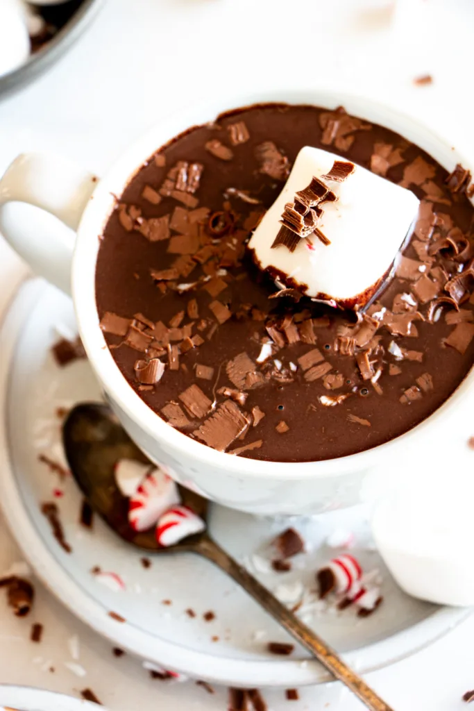 cup of peppermint hot chocolate with chocolate shavings and a marshmallow 