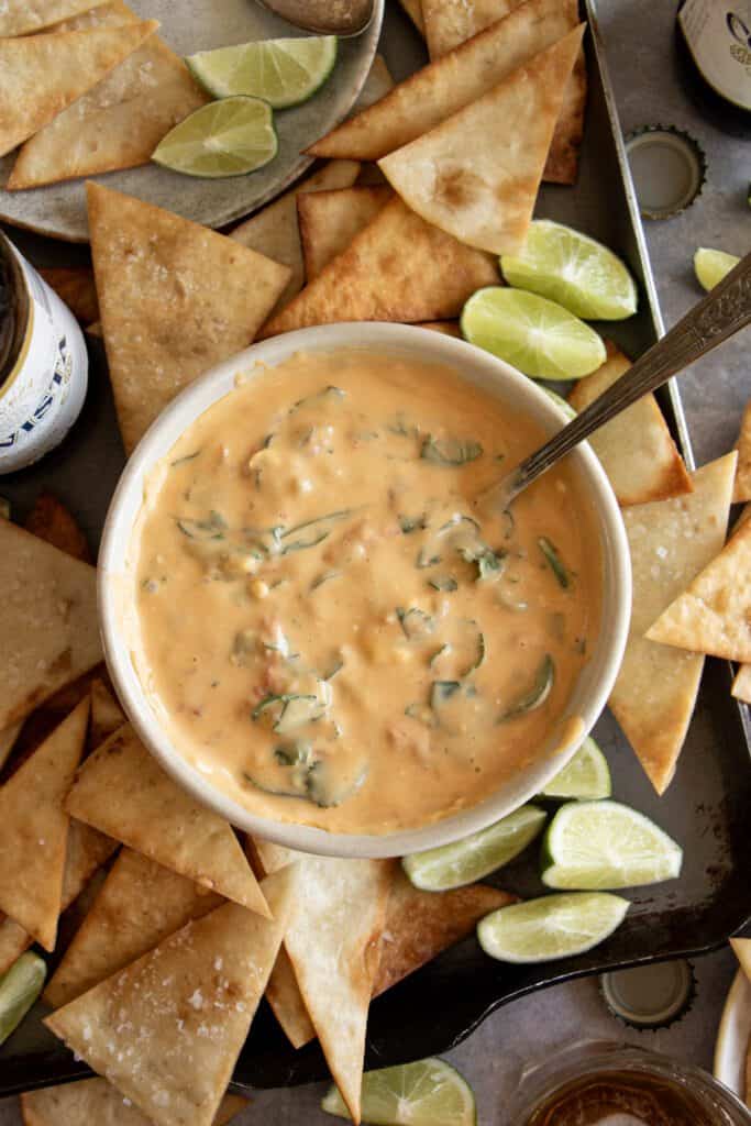 bowl of queso with cilantro and chips