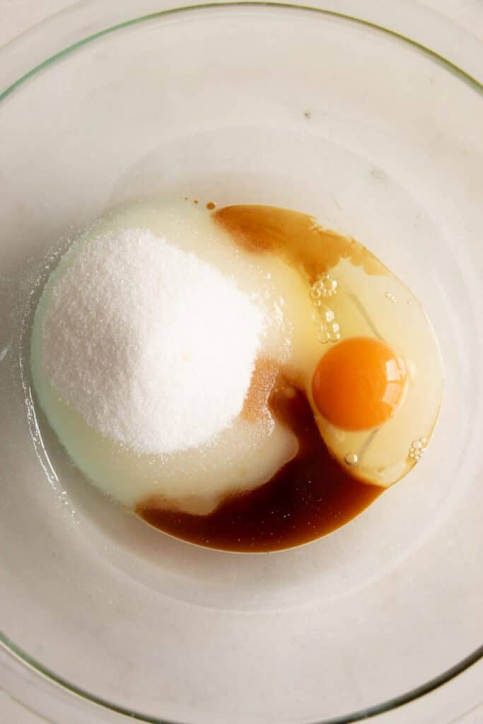 oil, eggs, sugar, and vanilla in a bowl