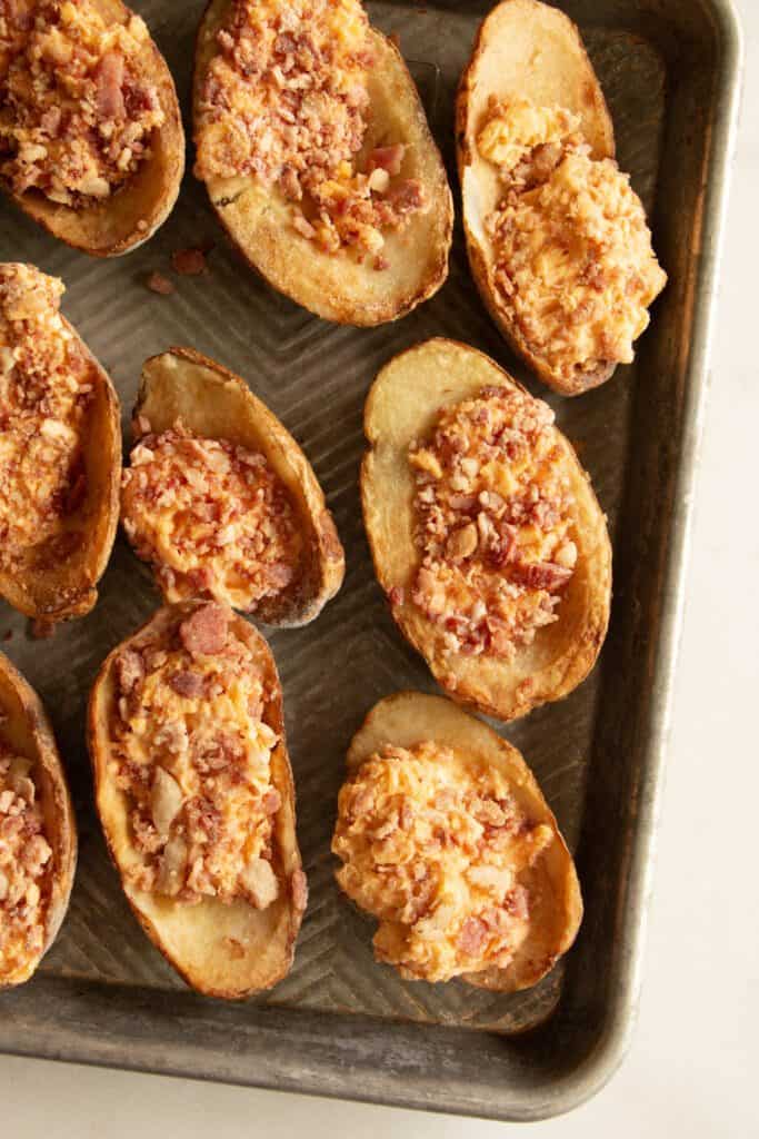 frozen potato skins on a sheet pan