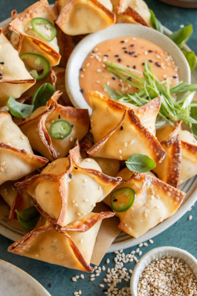 plate full of cream cheese rangoons 