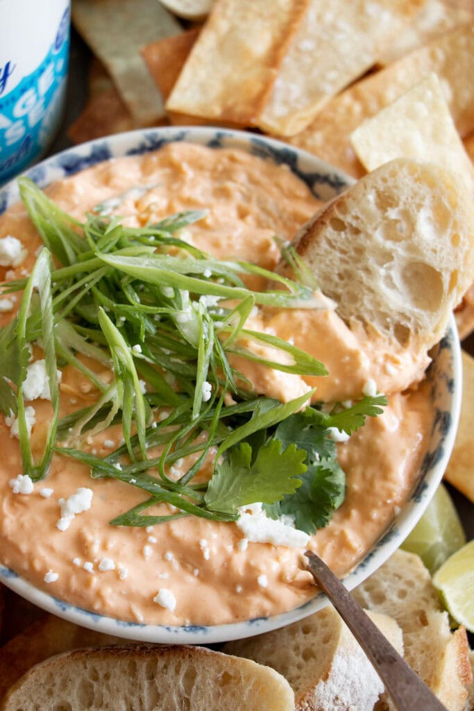 buffalo chicken dip with a slice of baguette 