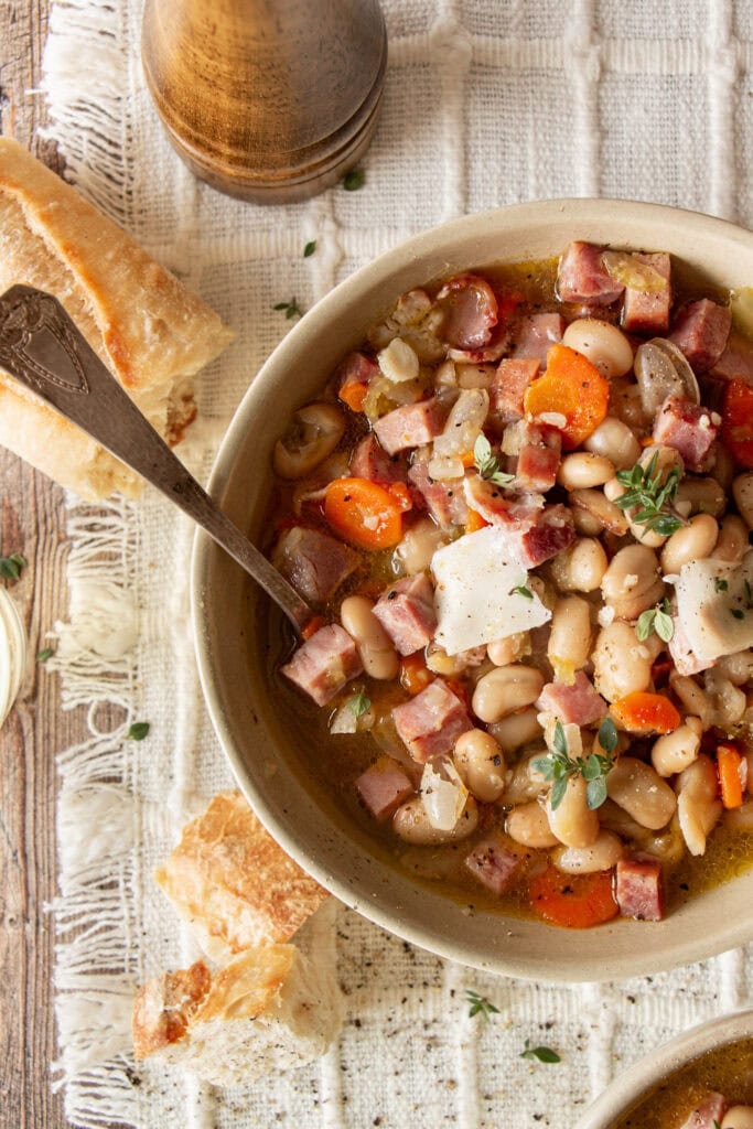 loaded ham and bean soup in a bowl 