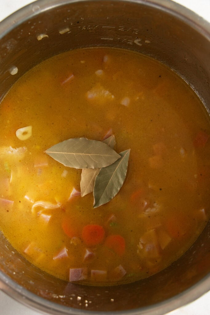 Instant pot with soup and bay leaves