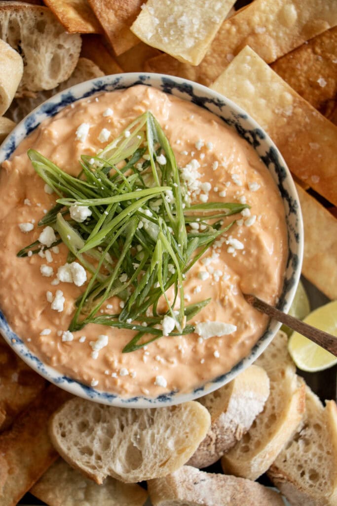 bowl of buffalo chicken dip with green onions 