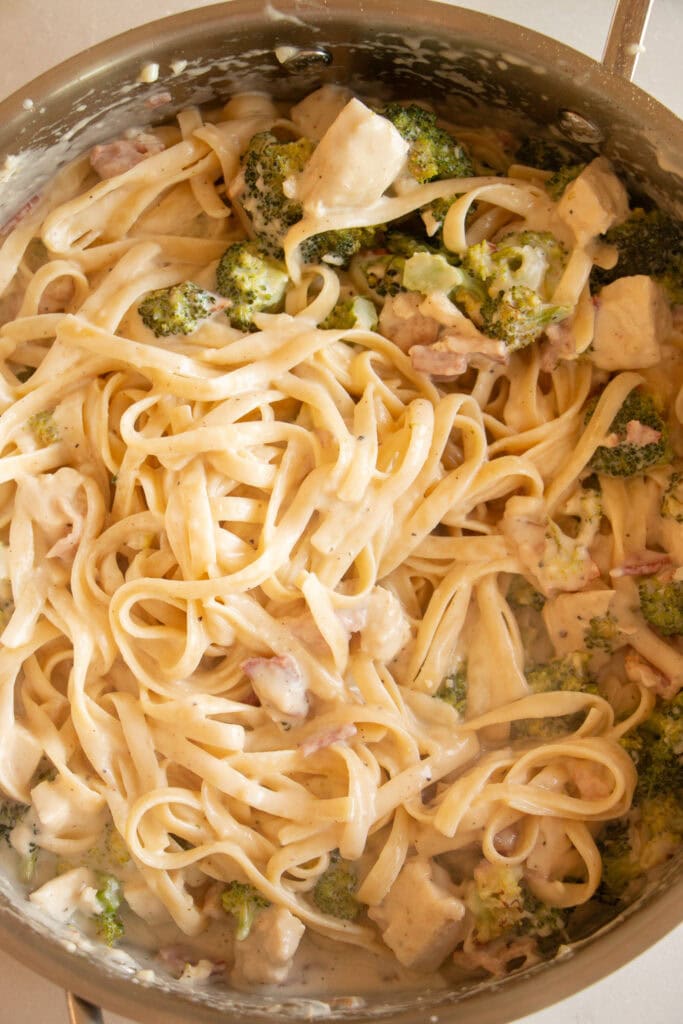 chicken fettucine alfredo in a saute pan
