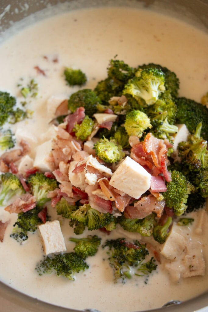 roasted chicken and broccoli in saute pan
