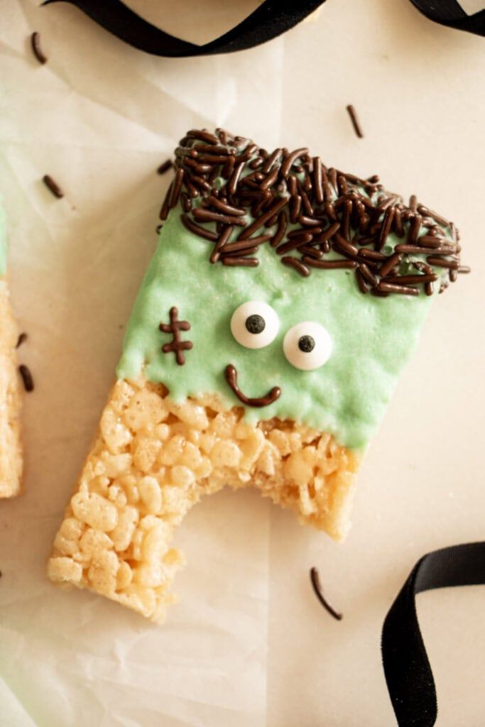 Frankenstein rice Krispie with a bite taken out 