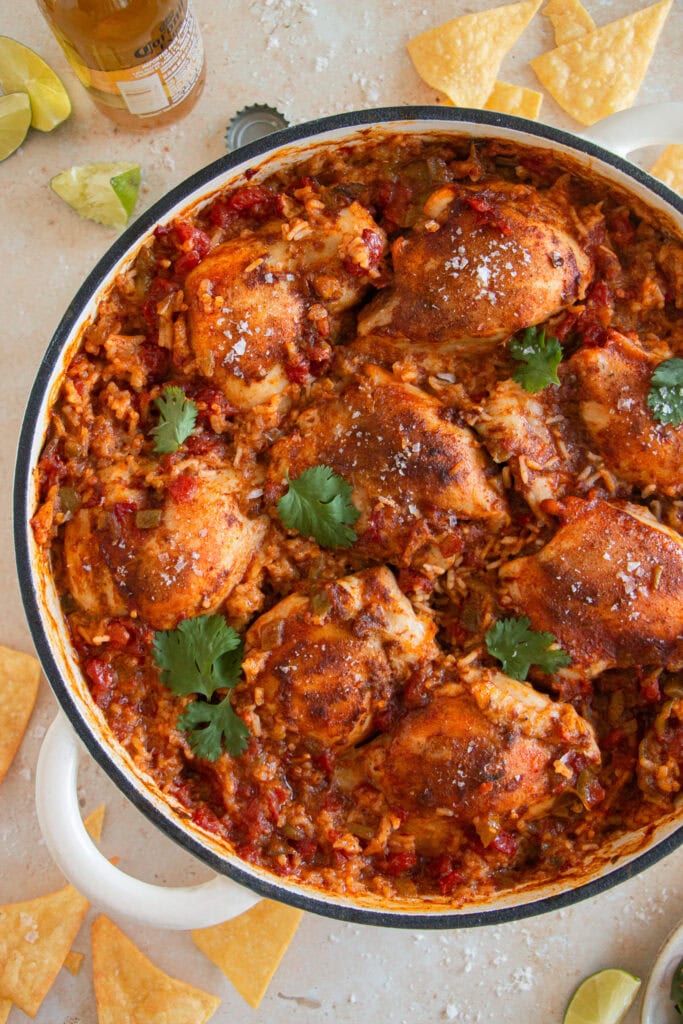 Baked chicken and rice skillet topped with fresh cilantro 