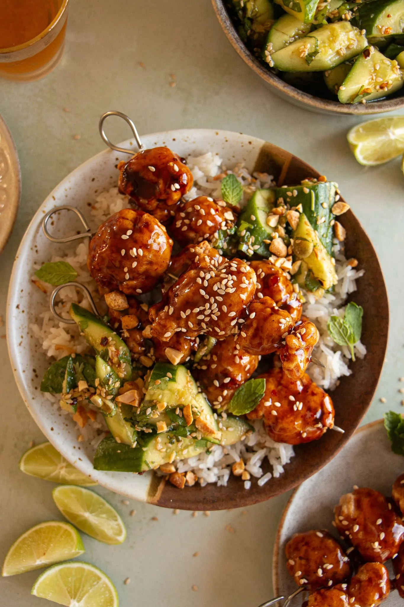 General Tso’s Chicken Skewers with Coconut Rice