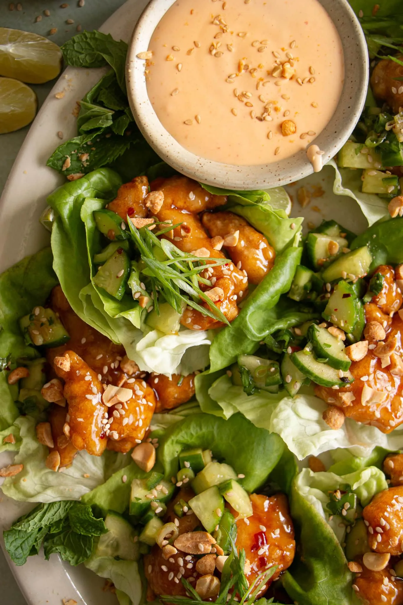 Crispy Chicken Lettuce Wraps with Spicy Cucumber Salad