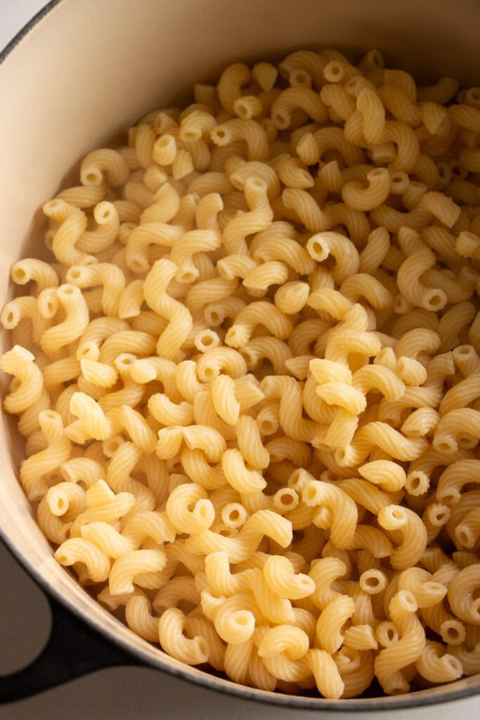 Large pot filled with cooked noodles