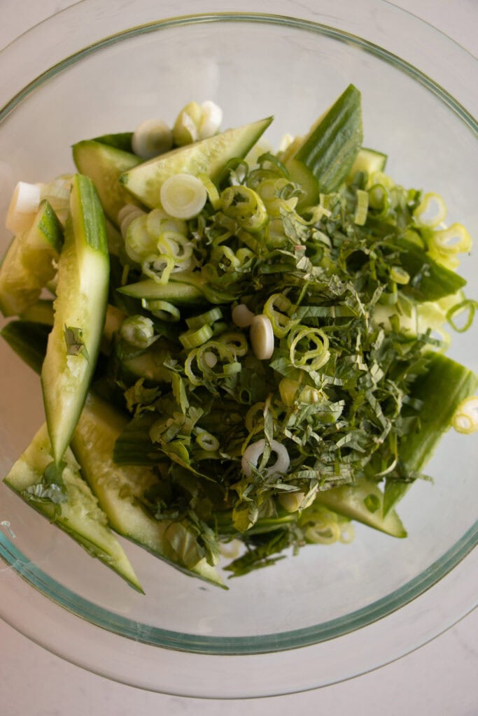mixing bowl with cucumber salad