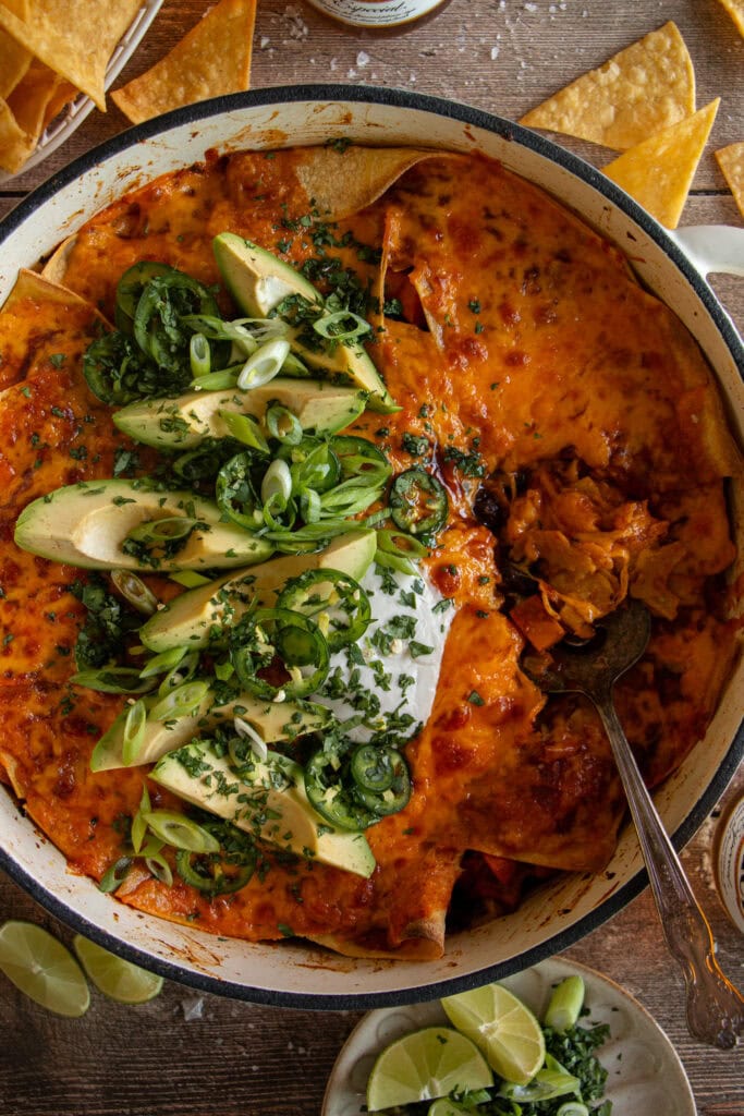 large skillet full of black bean and sweet potato casserole 
