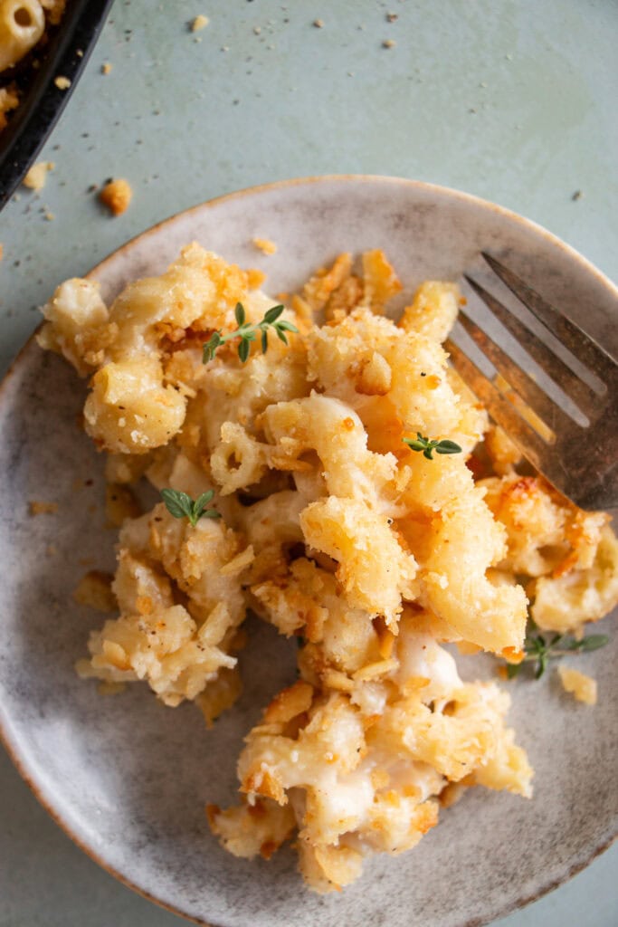 plate with a scoop of warm mac and cheese
