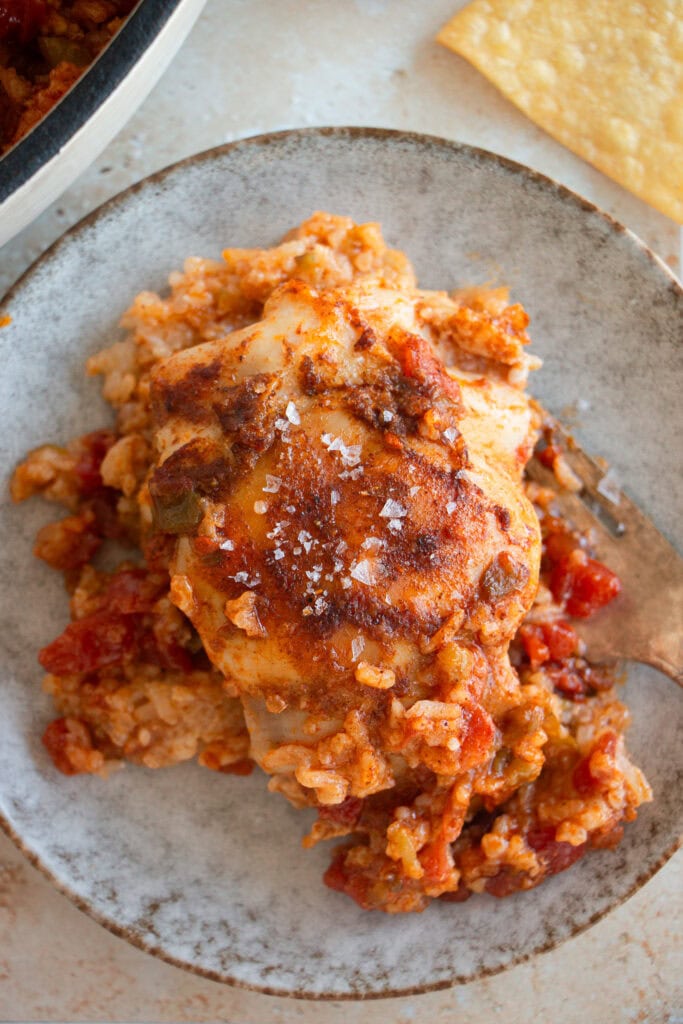 a plate with a scoop of rice and a chicken thigh with sea salt 