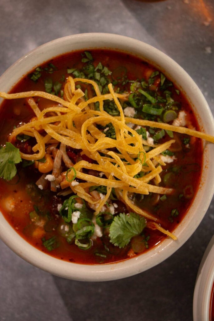 small bowl of chicken tortilla soup topped with tortilla strips, cilantro, and green onions